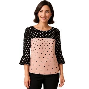 Talbots Polka Dot Blouse Womens M Pink Black Bell Sleeve Office Teacher Feminine